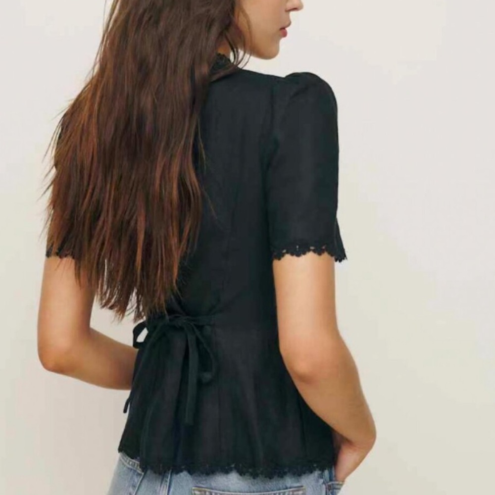 Reformation Elegant Black Lace-Trim Blouse - Picture 3 of 8